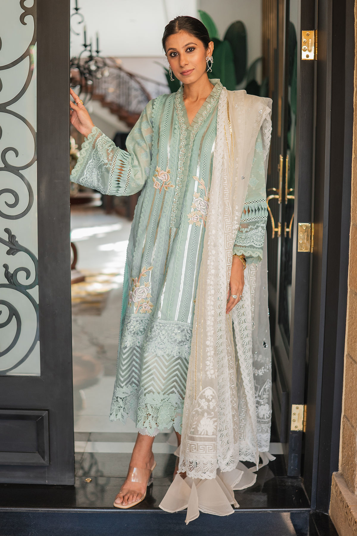 Pakistani Mint Embroidered Cotton Zari Salwar Kameez (3-Piece) - Image 9