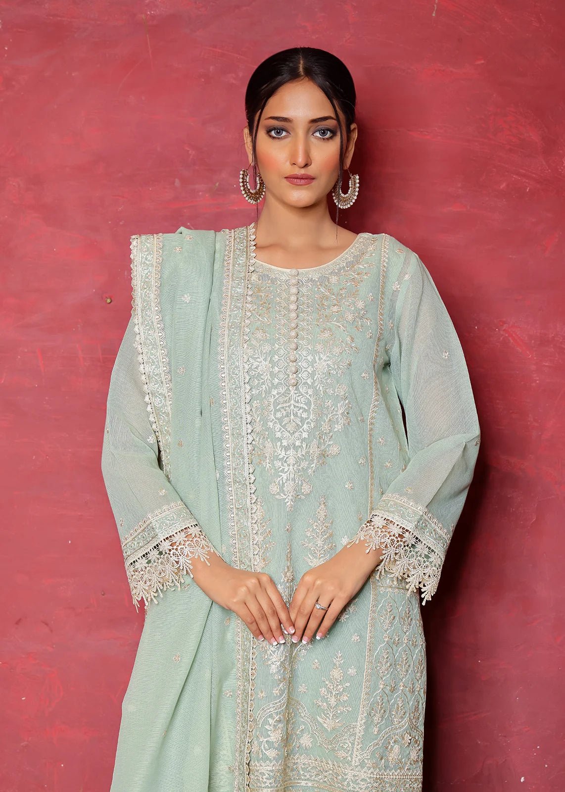 Pakistani Mint Green Embroidered Crepe Salwar Kameez (3-Piece) - Image 2