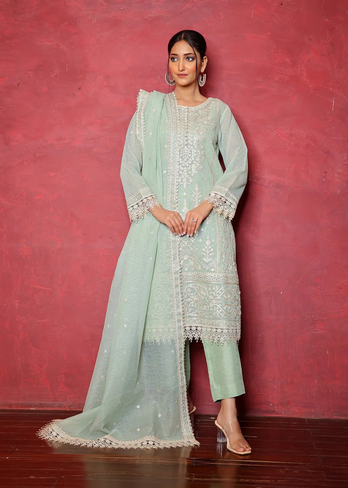 Pakistani Mint Green Embroidered Crepe Salwar Kameez (3-Piece) - Image 3