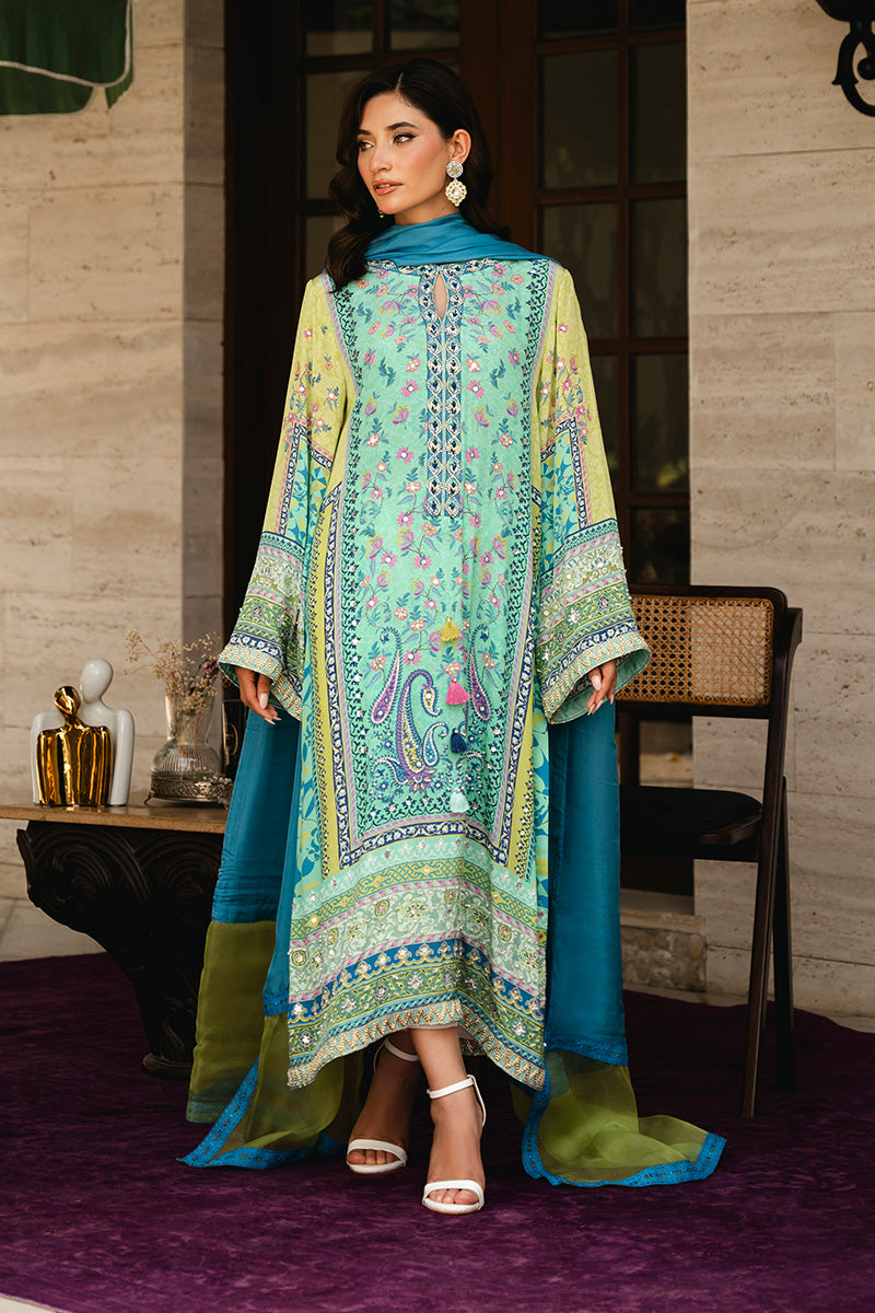 Pakistani Lime Green & Blue Embellished Crepe Silk Salwar Kameez (3-Piece) - Image 1