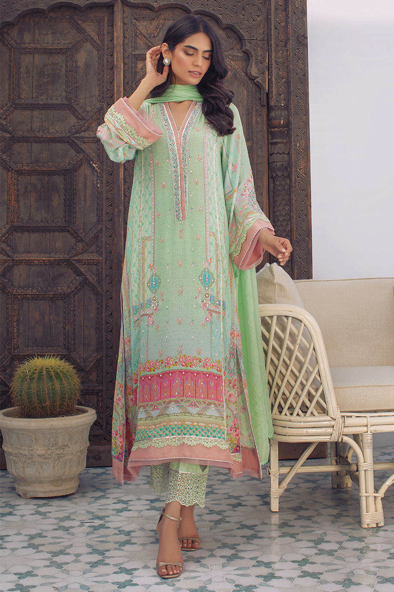 Pakistani Mint Digital Printed Crepe Silk Salwar Kameez (3-Piece) - Image 1