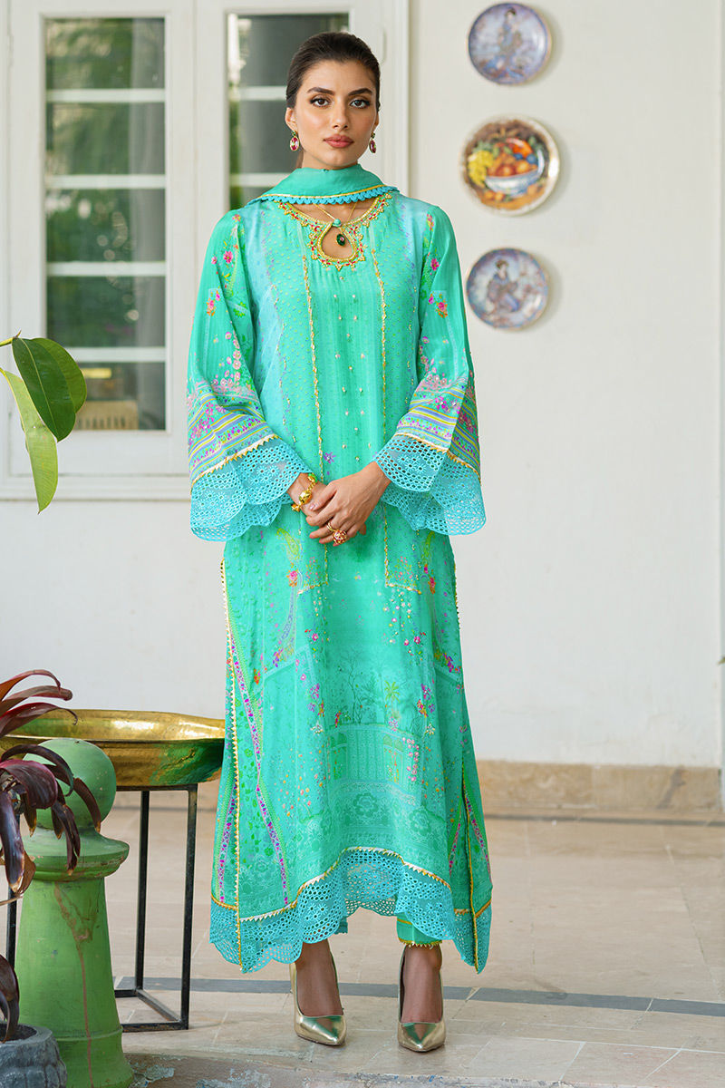 Pakistani Sea Green Digital Print Crepe Silk Salwar Kameez (3-Piece) - Image 1