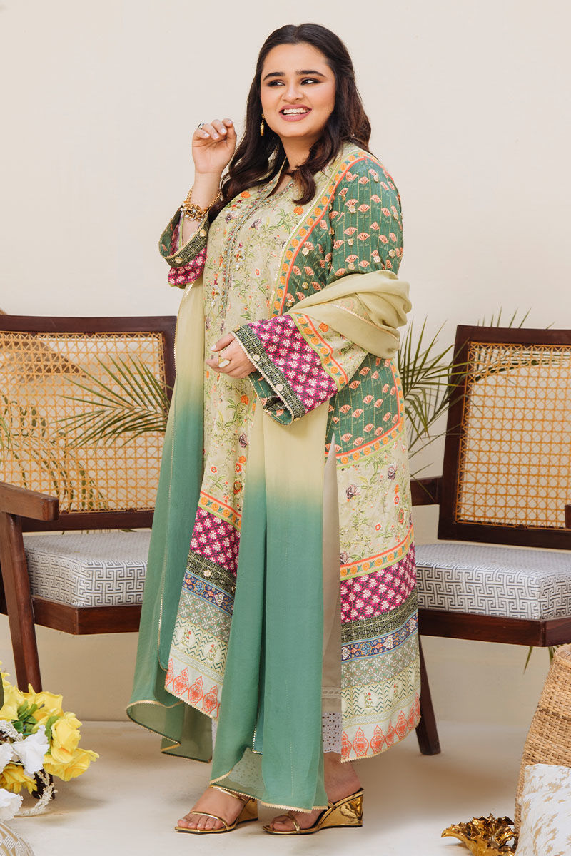 Pakistani Green Printed Pure Crepe Silk Salwar Kameez (3-Piece) - Image 1