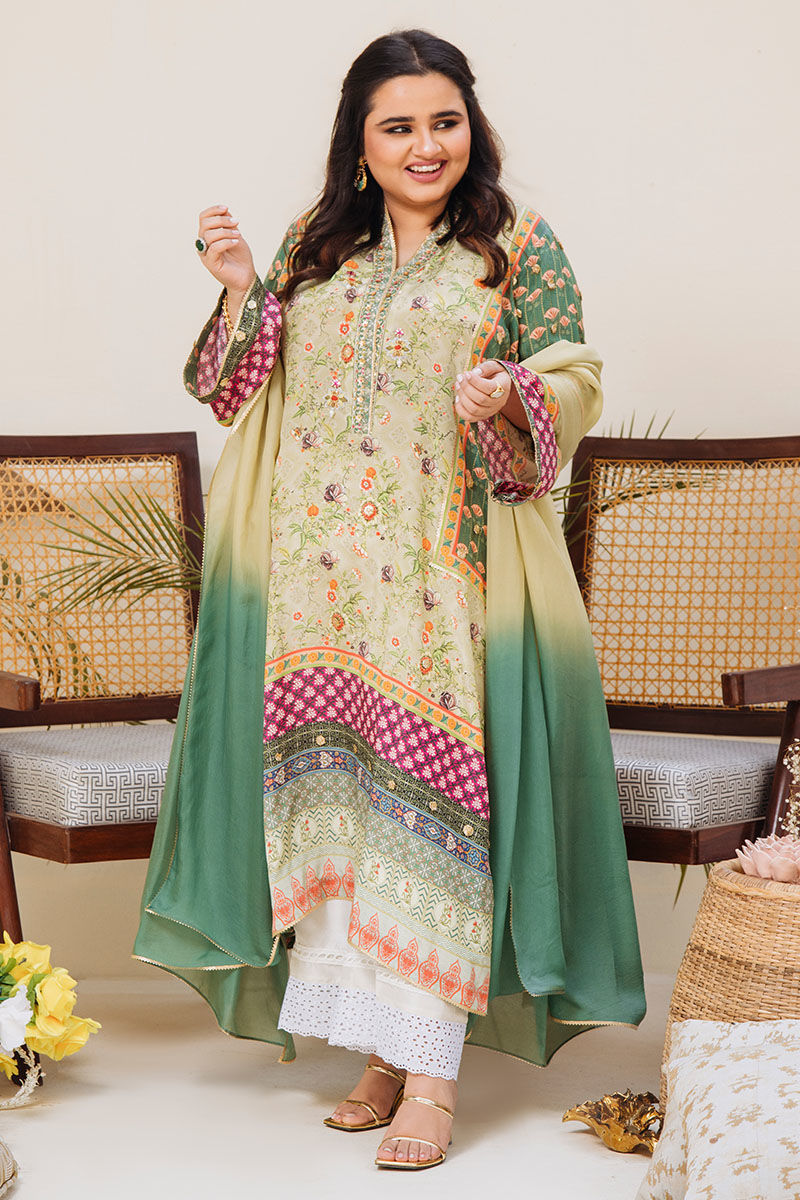 Pakistani Green Printed Pure Crepe Silk Salwar Kameez (3-Piece) - Image 4
