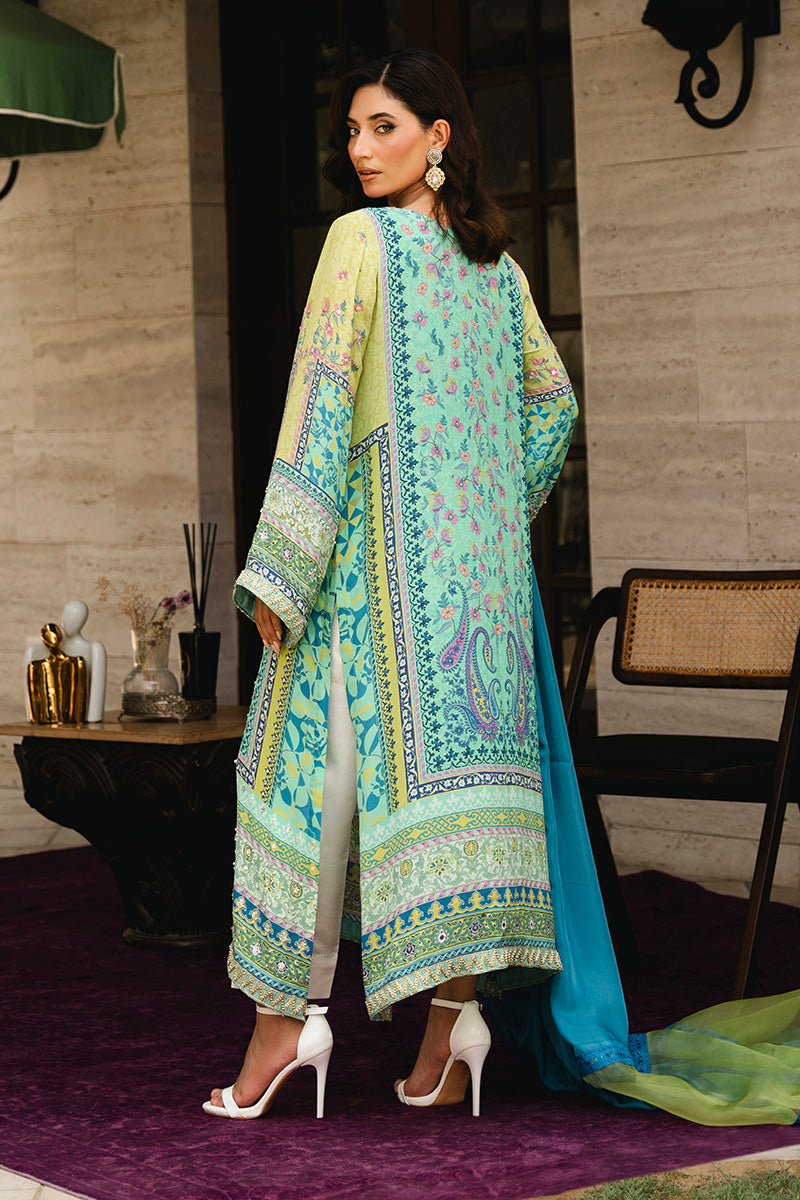 Pakistani Lime Green & Blue Printed Crepe Silk Salwar Kameez (3-Piece) - Image 2