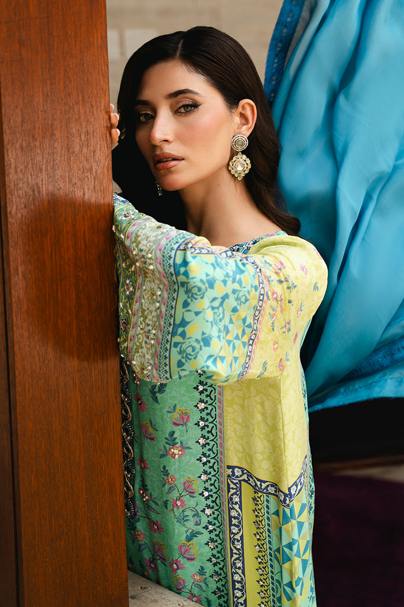 Pakistani Lime Green & Blue Printed Crepe Silk Salwar Kameez (3-Piece) - Image 3