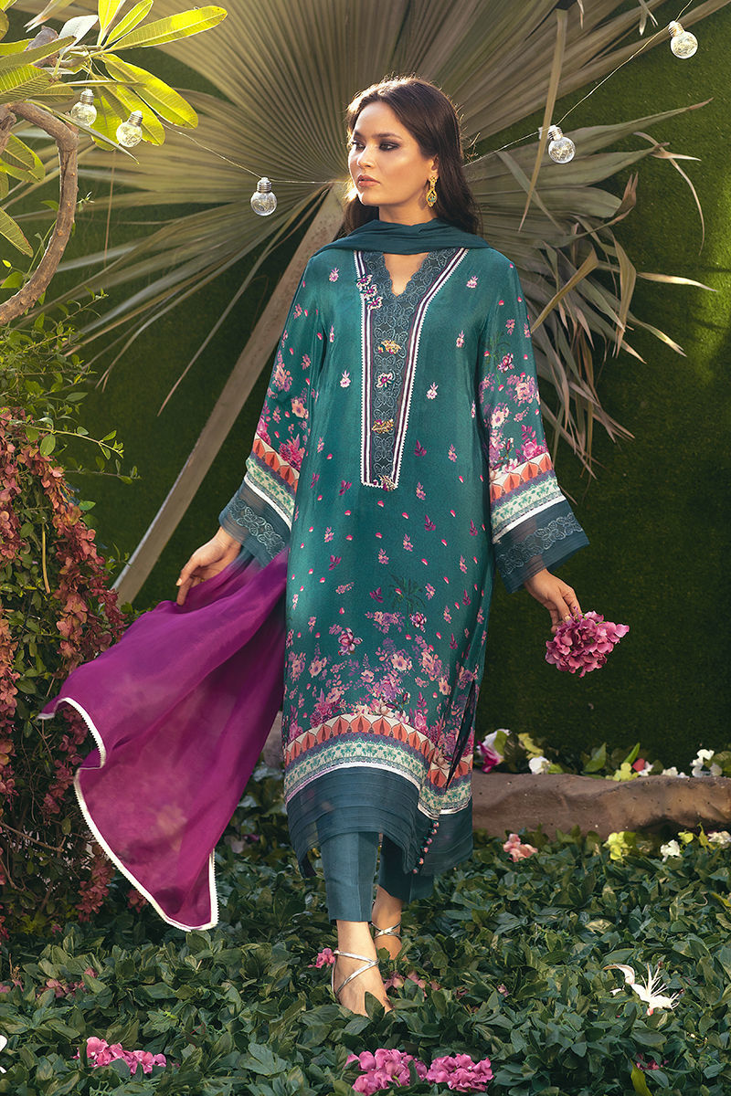 Teal Printed Pure Crepe Silk Salwar Kameez (2-Piece) - Image 1