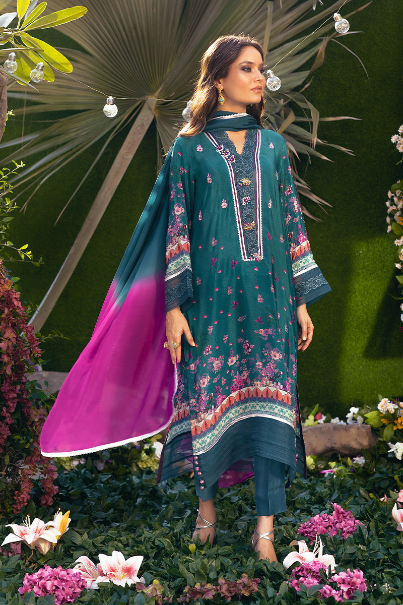 Teal Printed Pure Crepe Silk Salwar Kameez (2-Piece) - Image 2