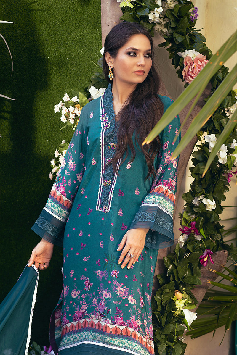 Teal Printed Pure Crepe Silk Salwar Kameez (2-Piece) - Image 4