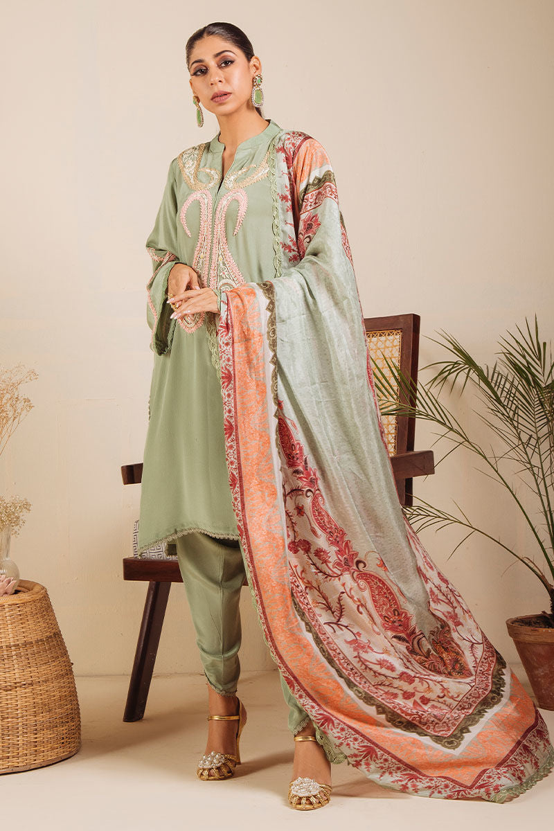 Pakistani Pistachio Green Paisley Embroidered Crepe Silk Salwar Kameez (3-Piece) - Image 1