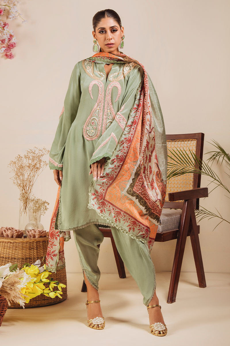 Pakistani Pistachio Green Paisley Embroidered Crepe Silk Salwar Kameez (3-Piece) - Image 2