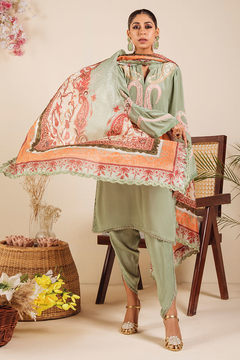 Pakistani Pistachio Green Paisley Embroidered Crepe Silk Salwar Kameez (3-Piece) - Image 3