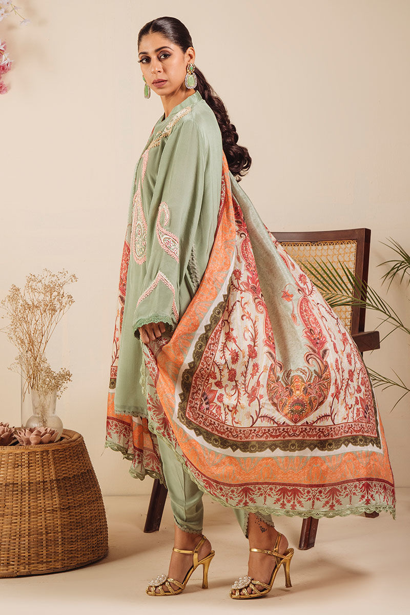 Pakistani Pistachio Green Paisley Embroidered Crepe Silk Salwar Kameez (3-Piece) - Image 4