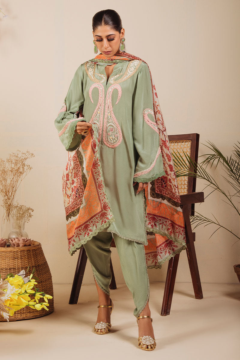 Pakistani Pistachio Green Paisley Embroidered Crepe Silk Salwar Kameez (3-Piece) - Image 5