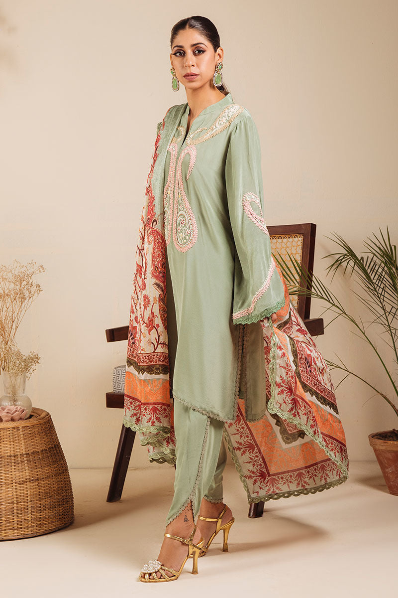 Pakistani Pistachio Green Paisley Embroidered Crepe Silk Salwar Kameez (3-Piece) - Image 6