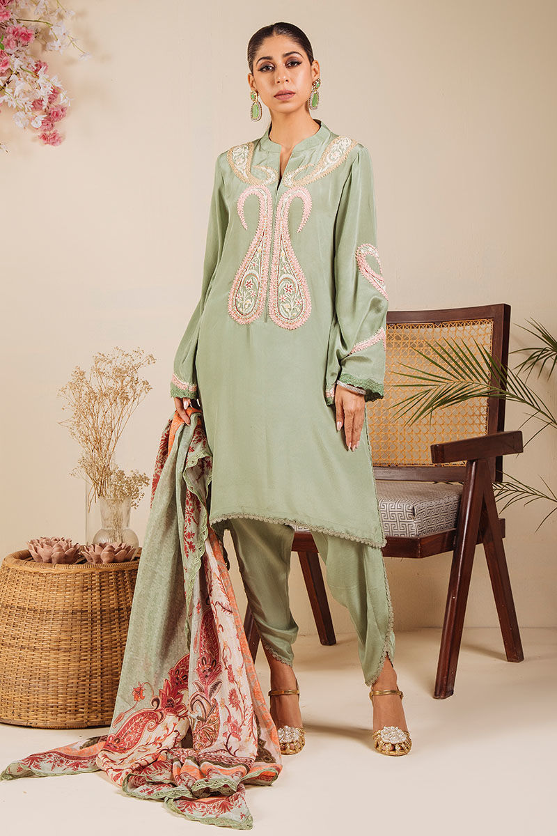 Pakistani Pistachio Green Paisley Embroidered Crepe Silk Salwar Kameez (3-Piece) - Image 7