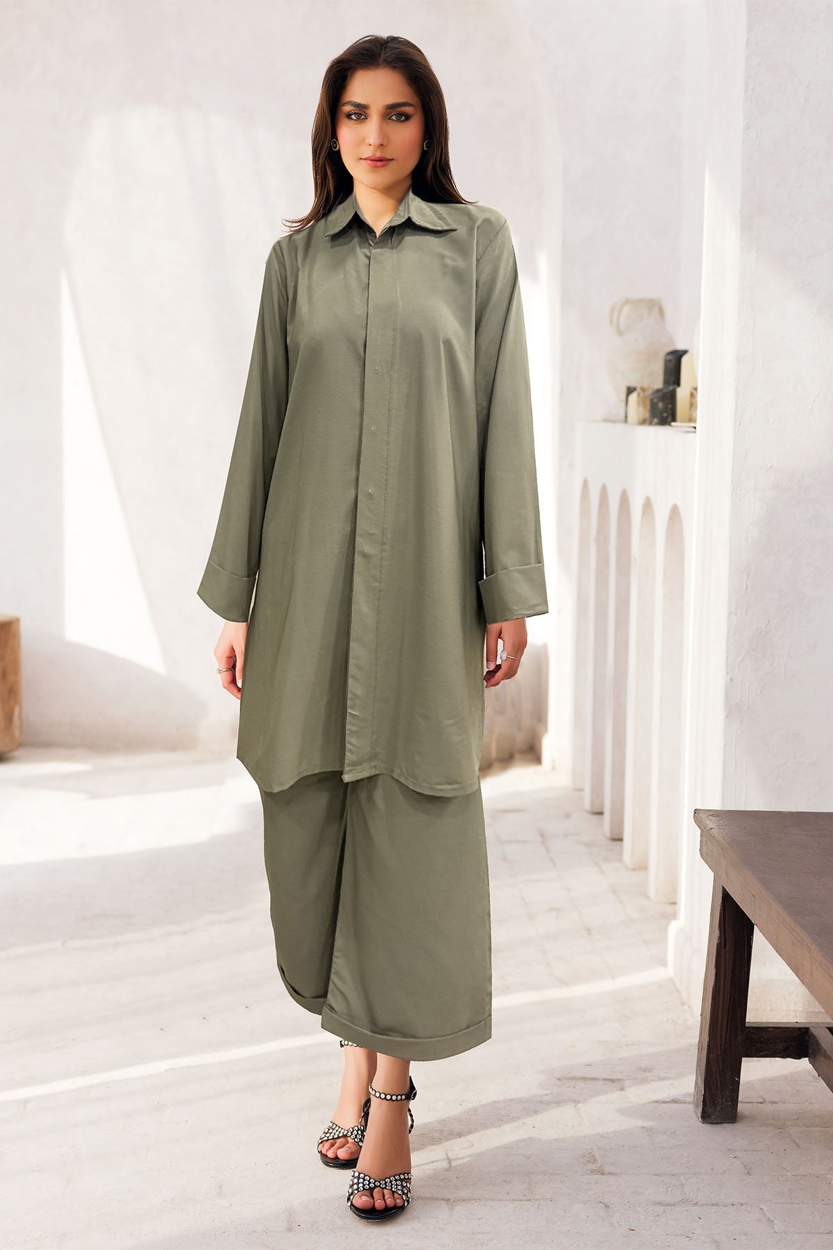 Olive Dyed Crepe Shirt and Trouser Set (2-Piece) - Image 1