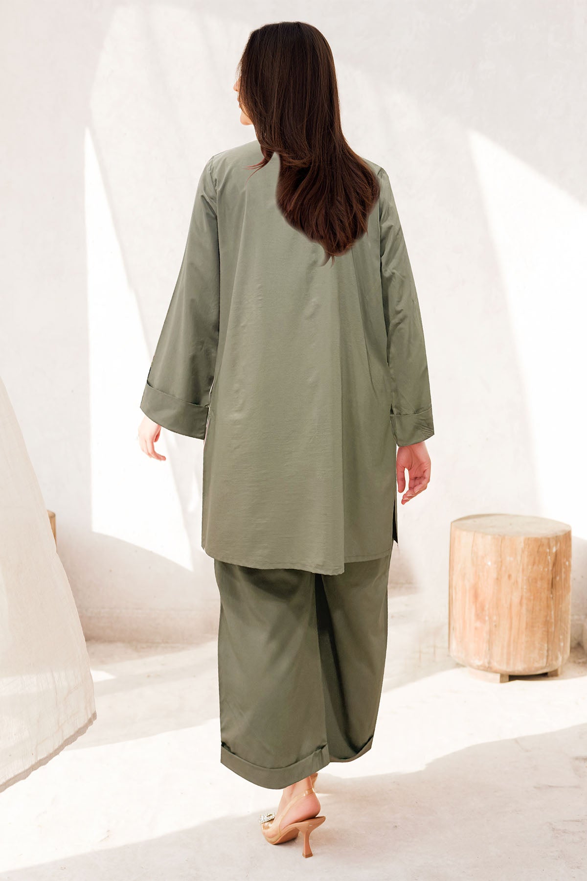 Olive Dyed Crepe Shirt and Trouser Set (2-Piece) - Image 2