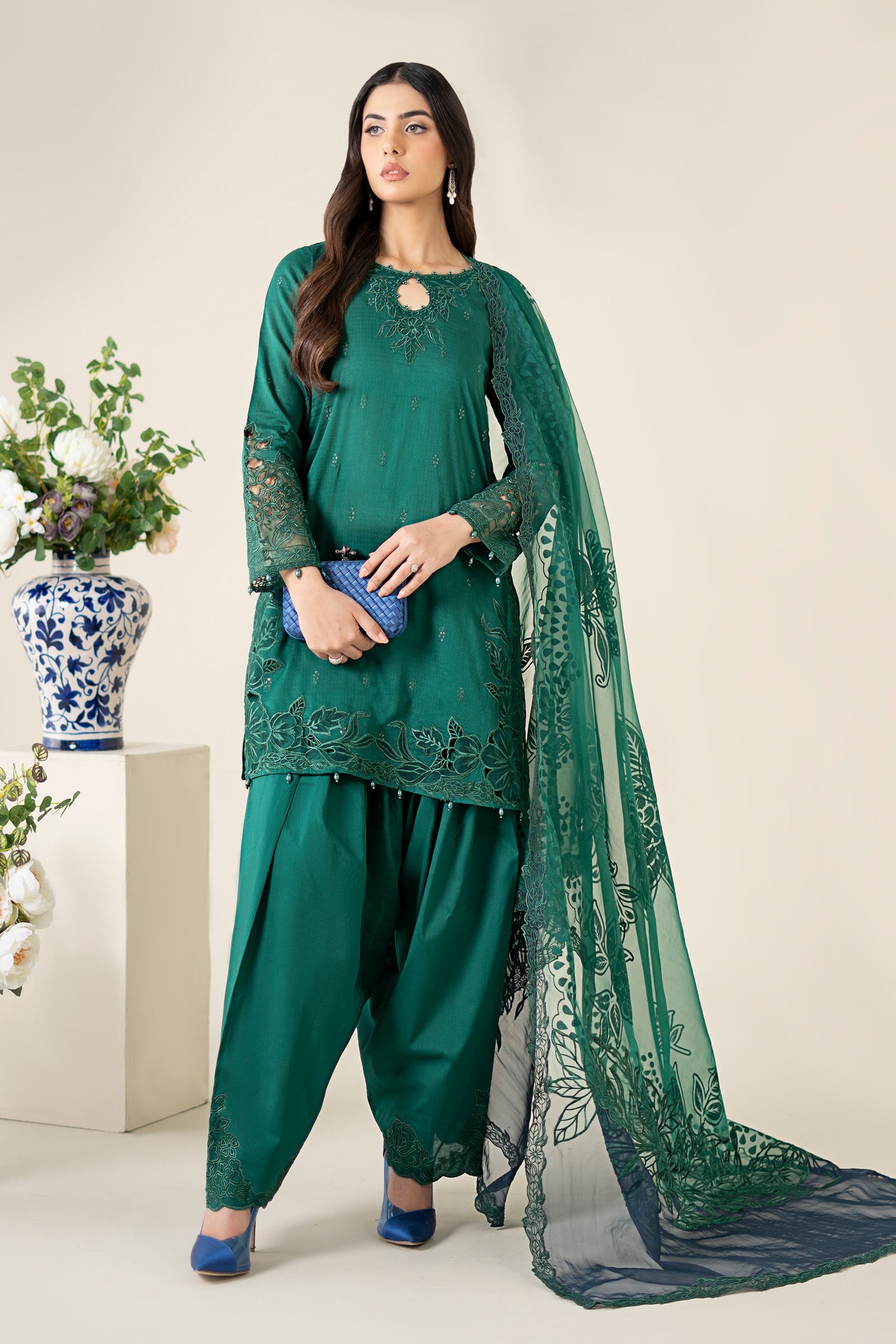 Deep Green Embroidered Dobby Salwar Kameez (3-Piece) - Image 1