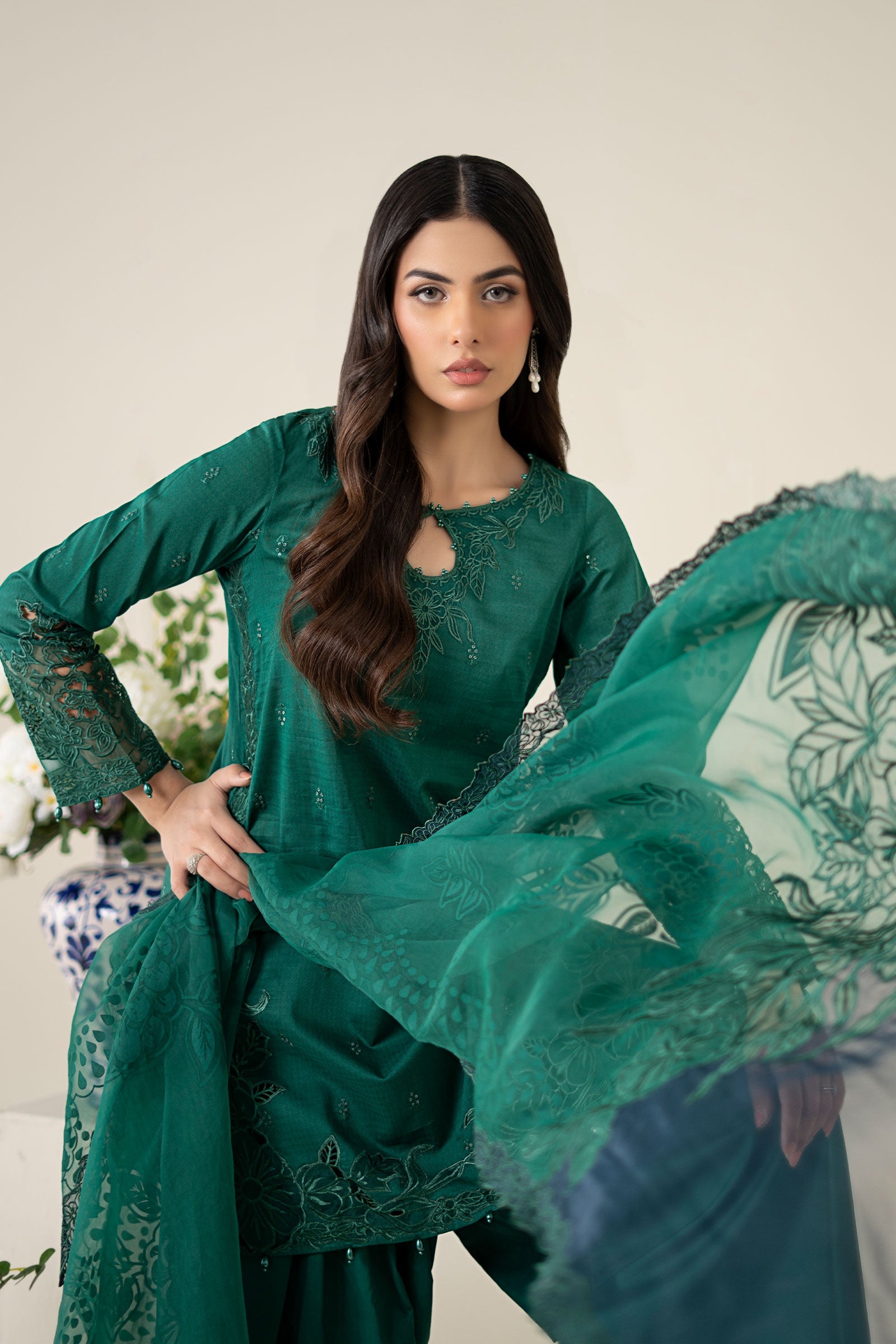 Deep Green Embroidered Dobby Salwar Kameez (3-Piece) - Image 2