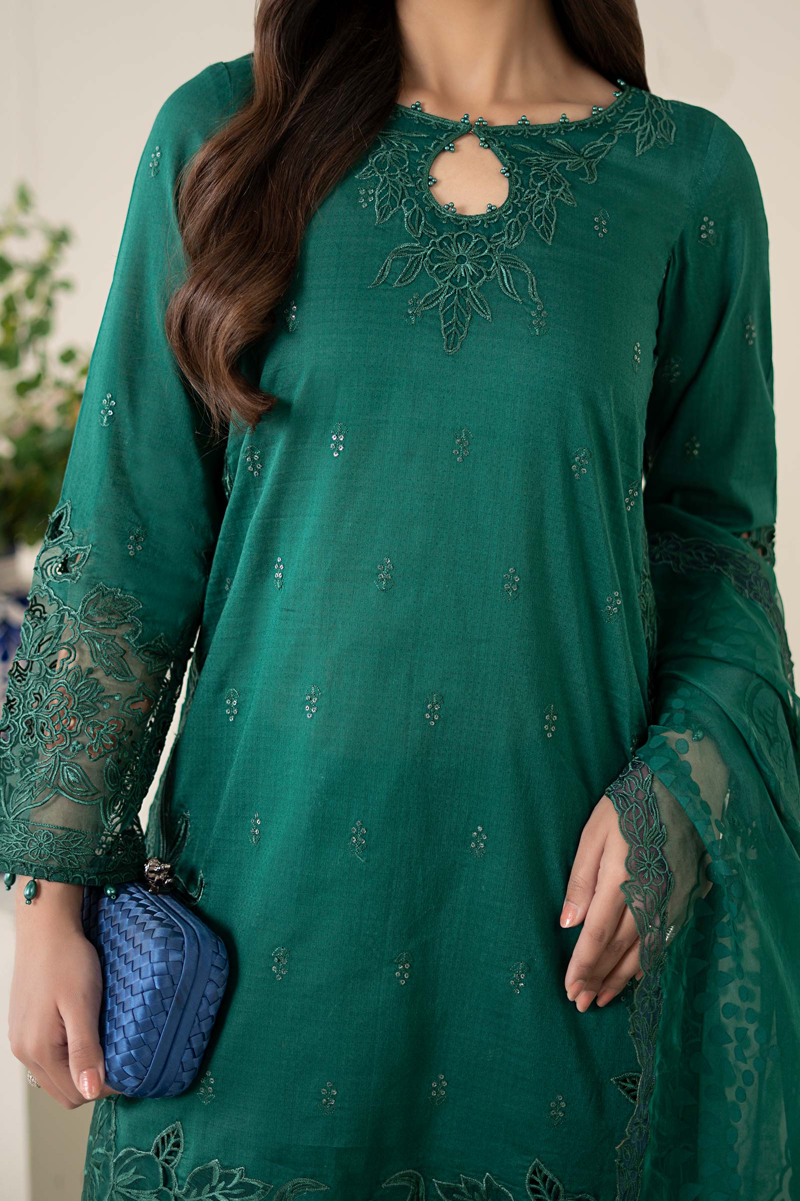 Deep Green Embroidered Dobby Salwar Kameez (3-Piece) - Image 3
