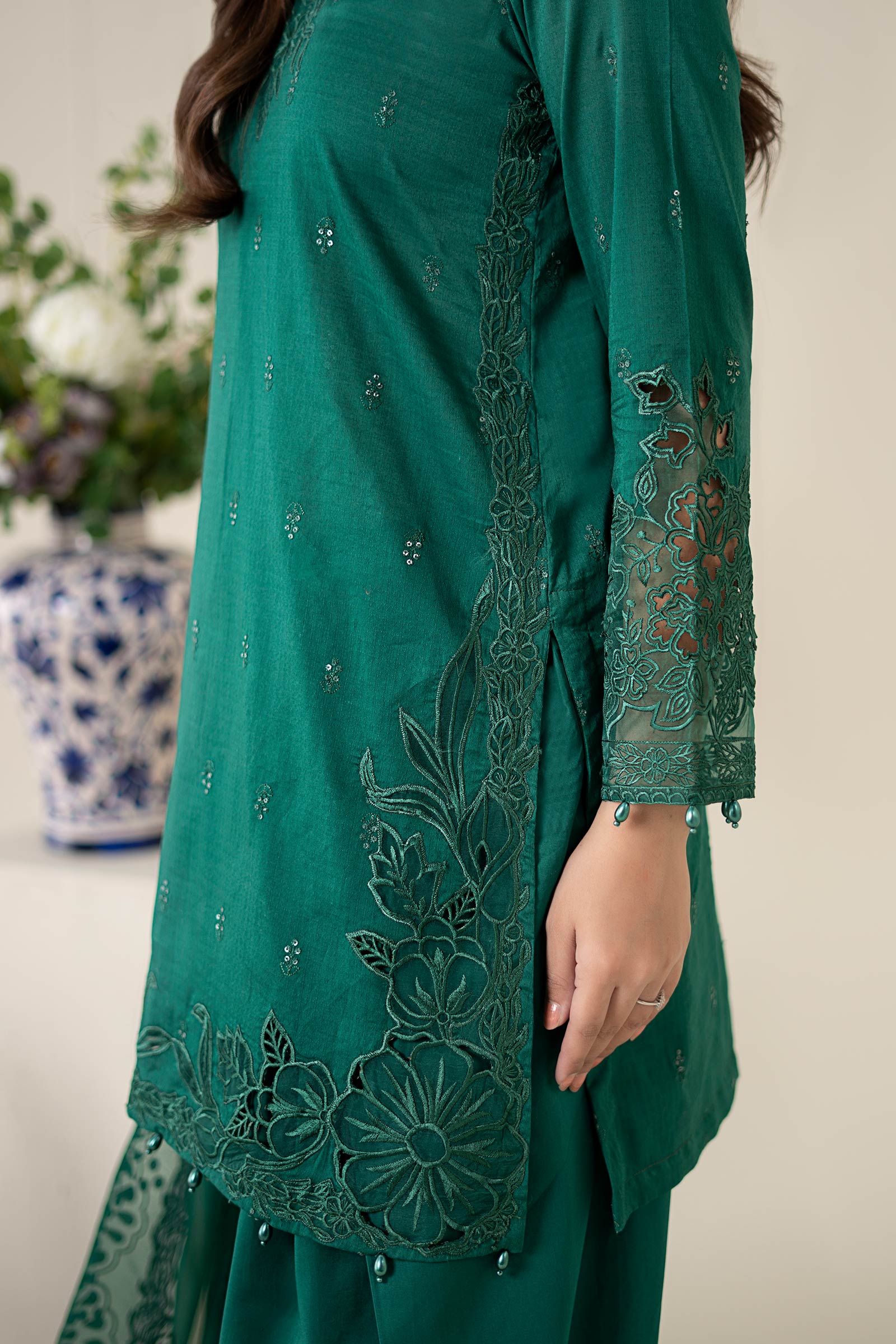 Deep Green Embroidered Dobby Salwar Kameez (3-Piece) - Image 4