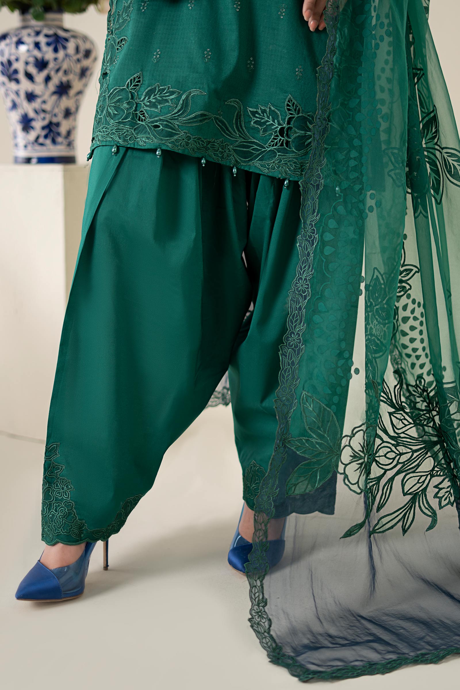 Deep Green Embroidered Dobby Salwar Kameez (3-Piece) - Image 5