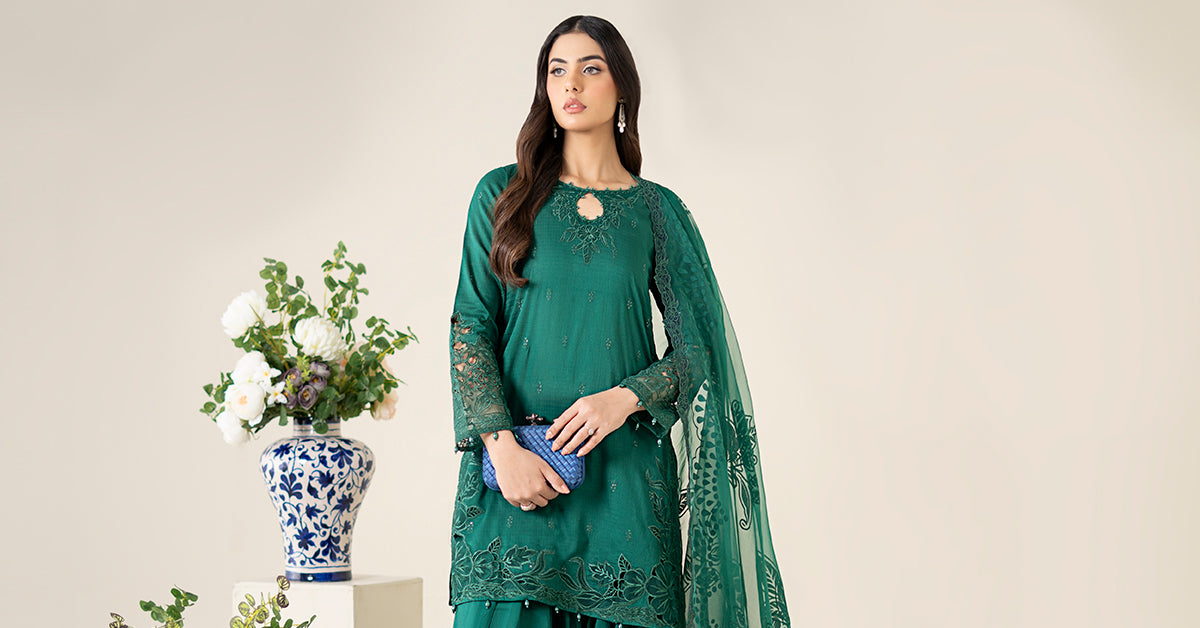 Deep Green Embroidered Dobby Salwar Kameez (3-Piece) - Image 9
