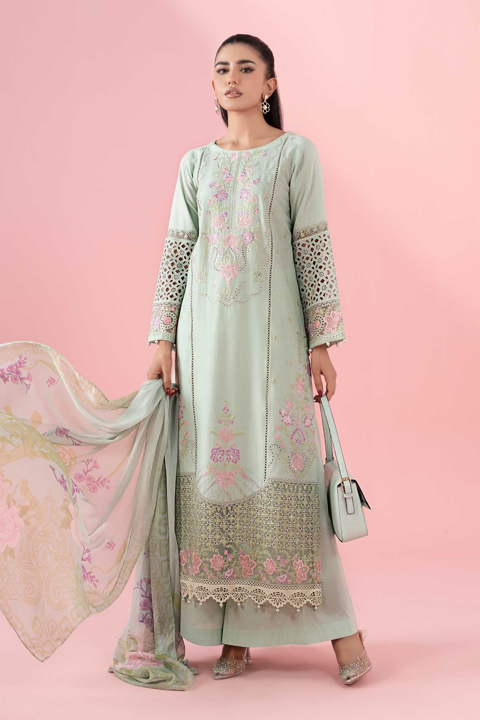 Pakistani Pastel Green Embroidered Dobby Salwar Kameez (3-Piece) - Image 1