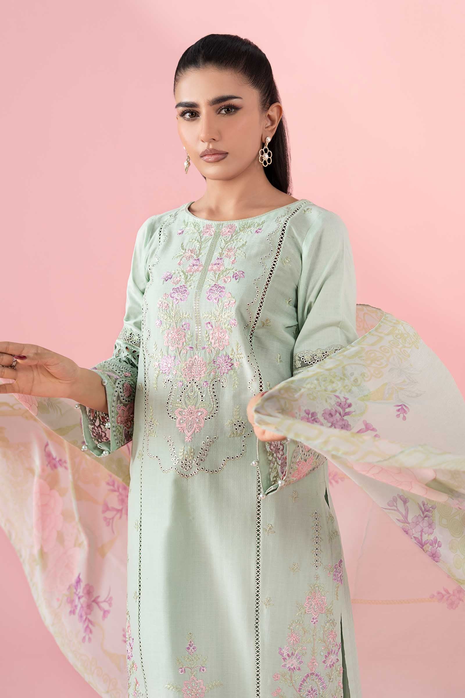 Pakistani Pastel Green Embroidered Dobby Salwar Kameez (3-Piece) - Image 2