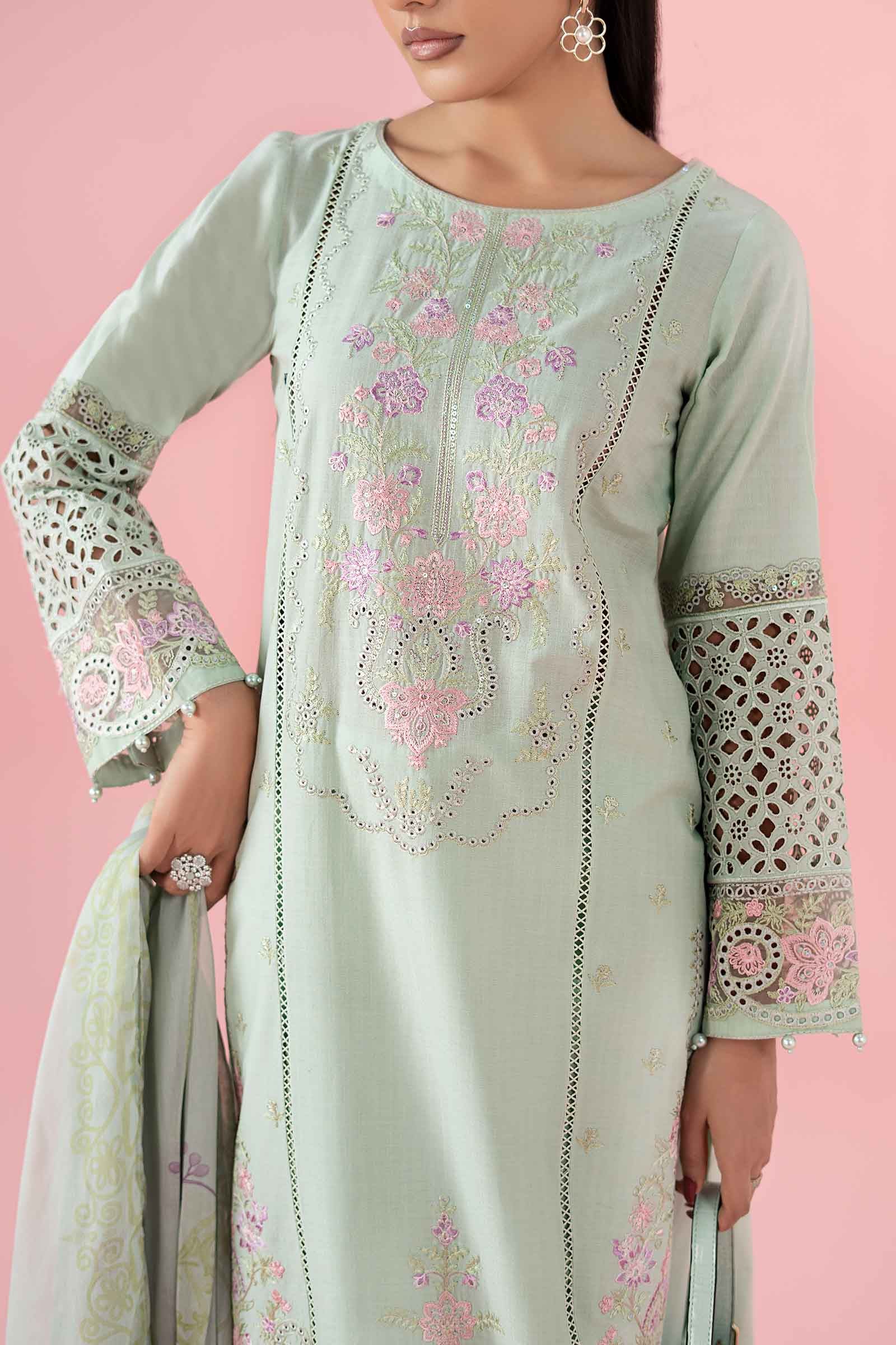 Pakistani Pastel Green Embroidered Dobby Salwar Kameez (3-Piece) - Image 4