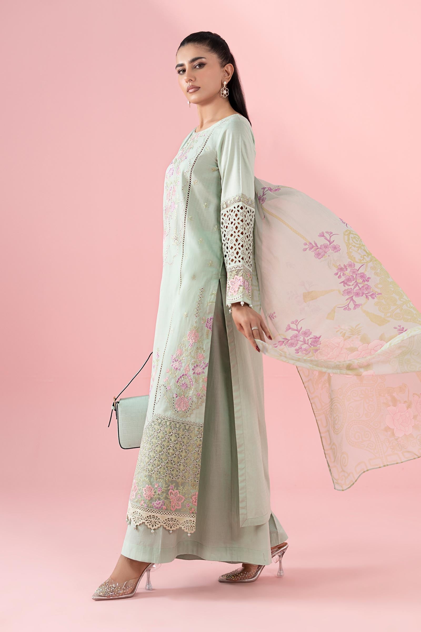 Pakistani Pastel Green Embroidered Dobby Salwar Kameez (3-Piece) - Image 6