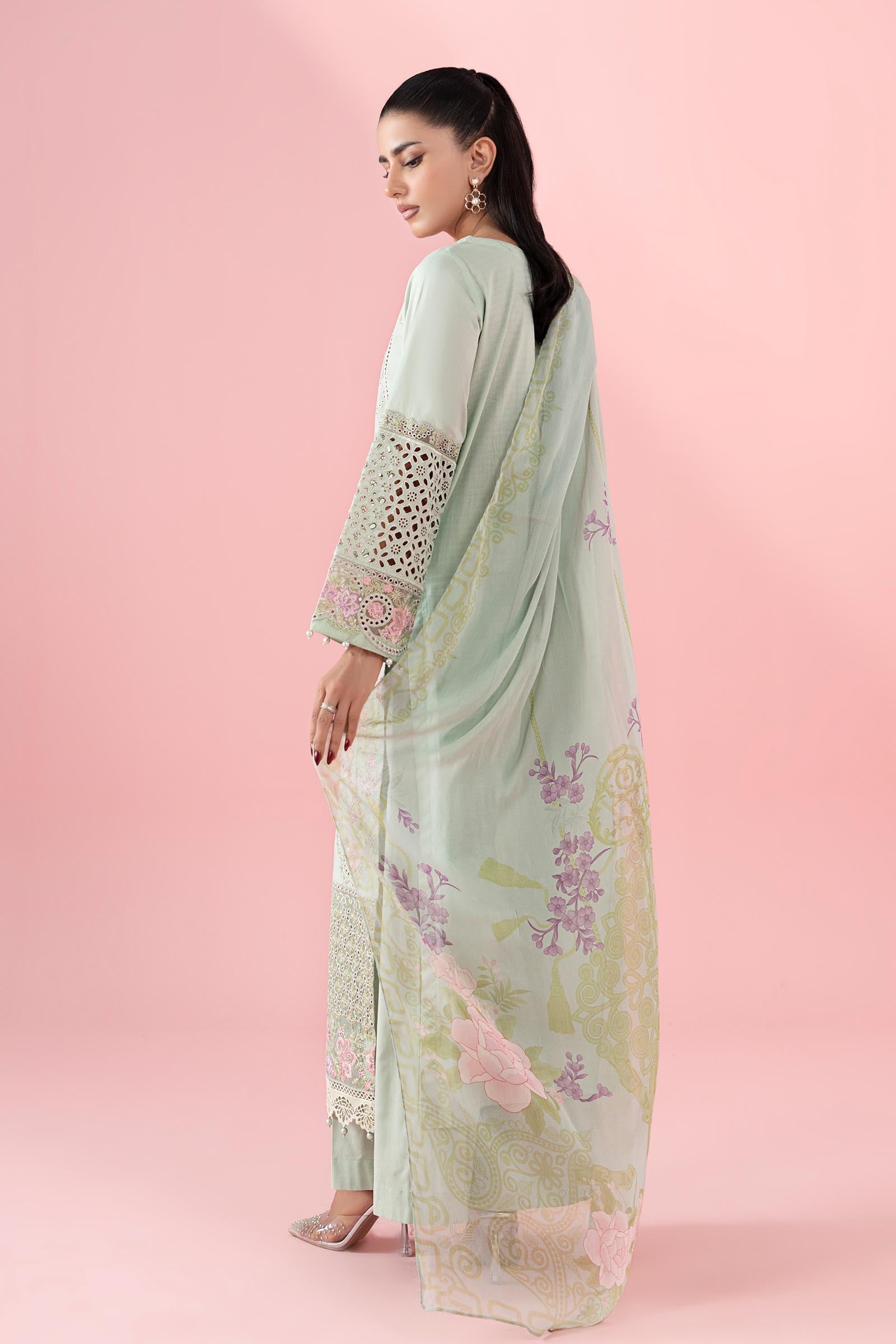 Pakistani Pastel Green Embroidered Dobby Salwar Kameez (3-Piece) - Image 7