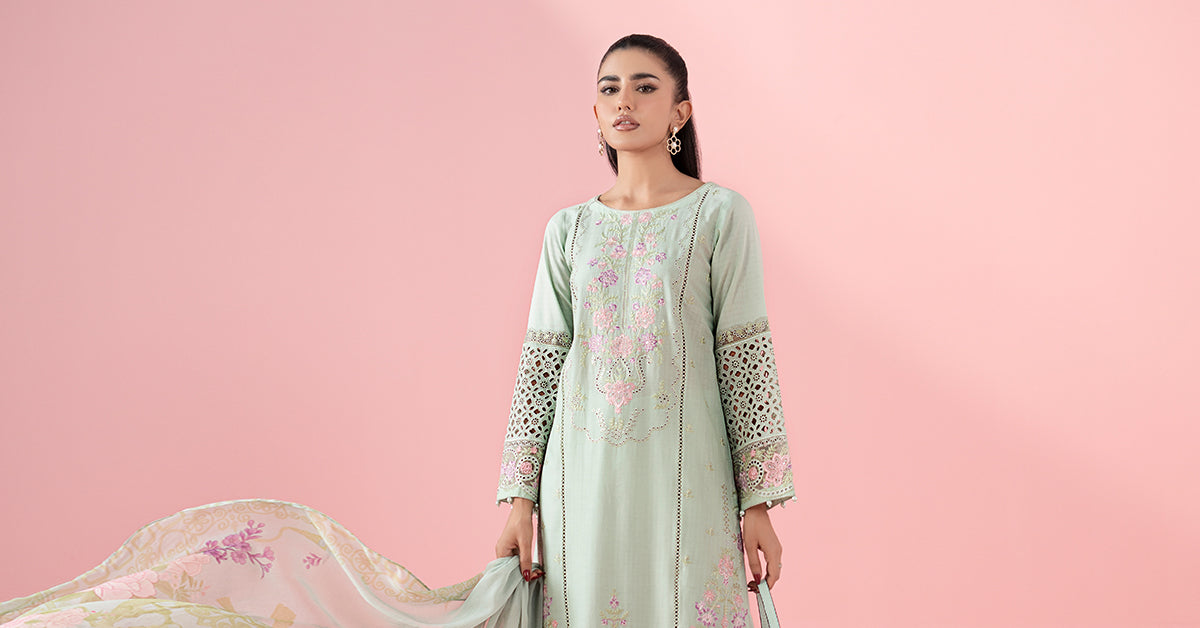 Pakistani Pastel Green Embroidered Dobby Salwar Kameez (3-Piece) - Image 8