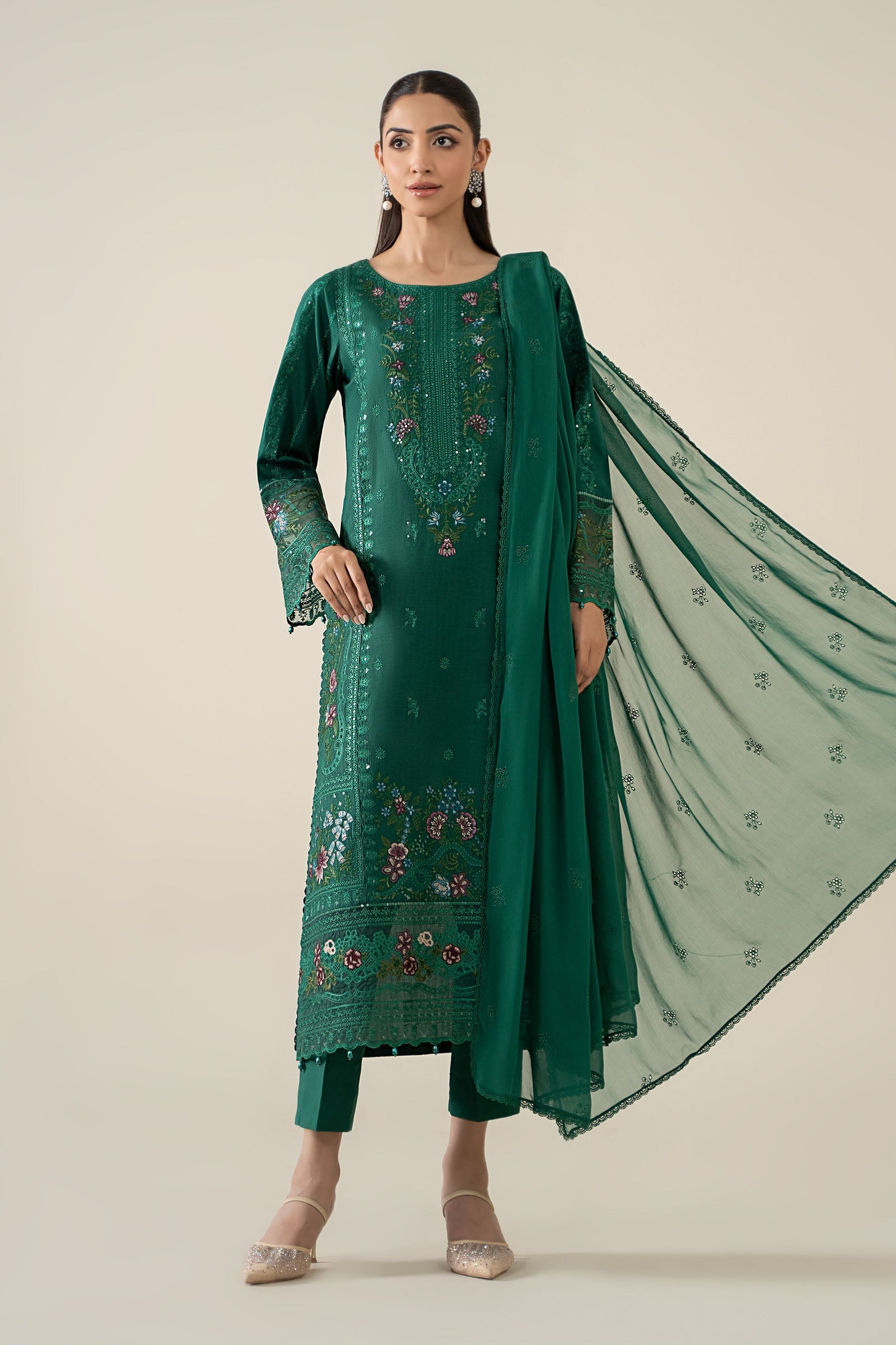 Green Embroidered Dobby 3-Piece Suit - Image 1