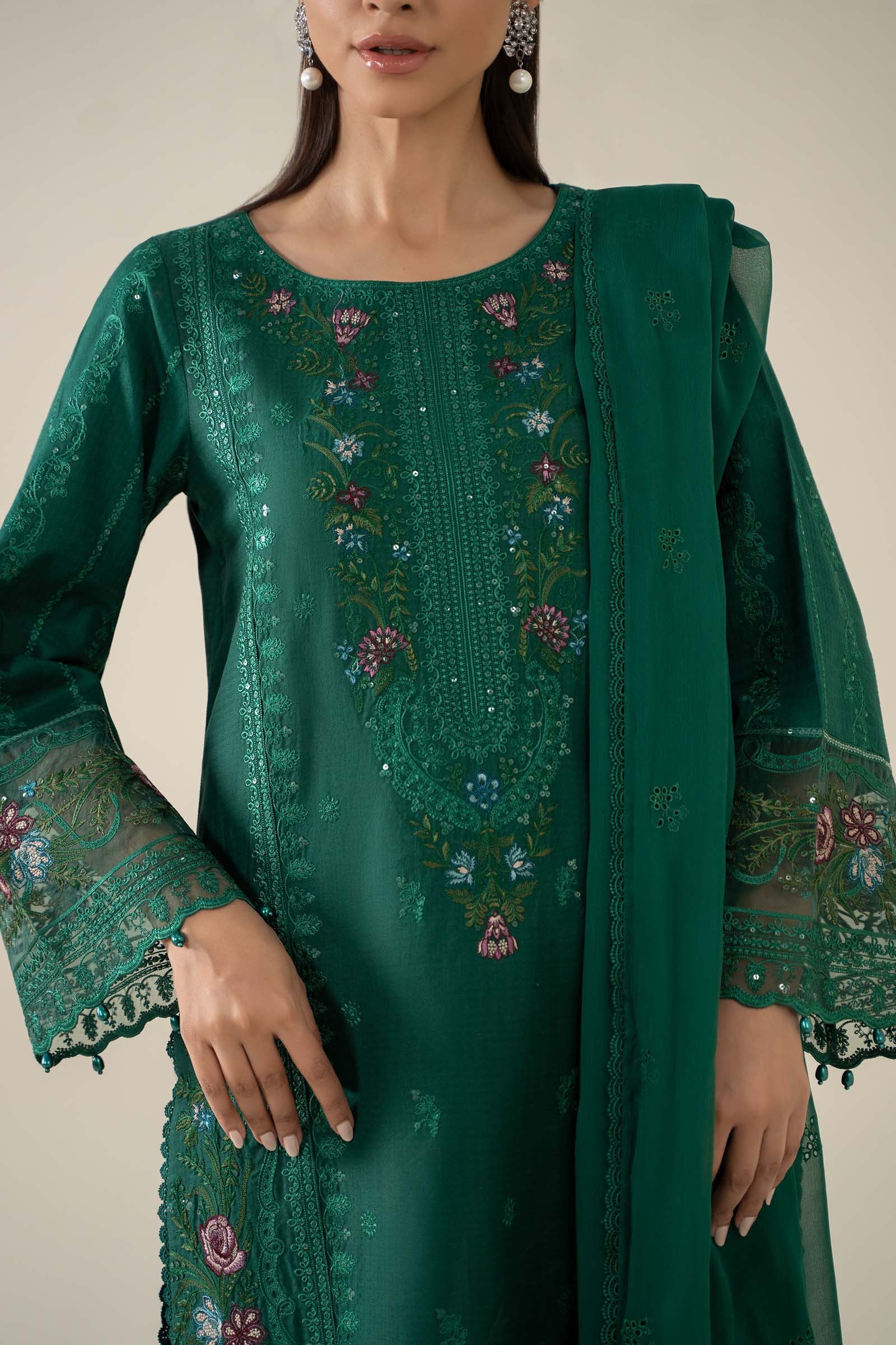Green Embroidered Dobby 3-Piece Suit - Image 3