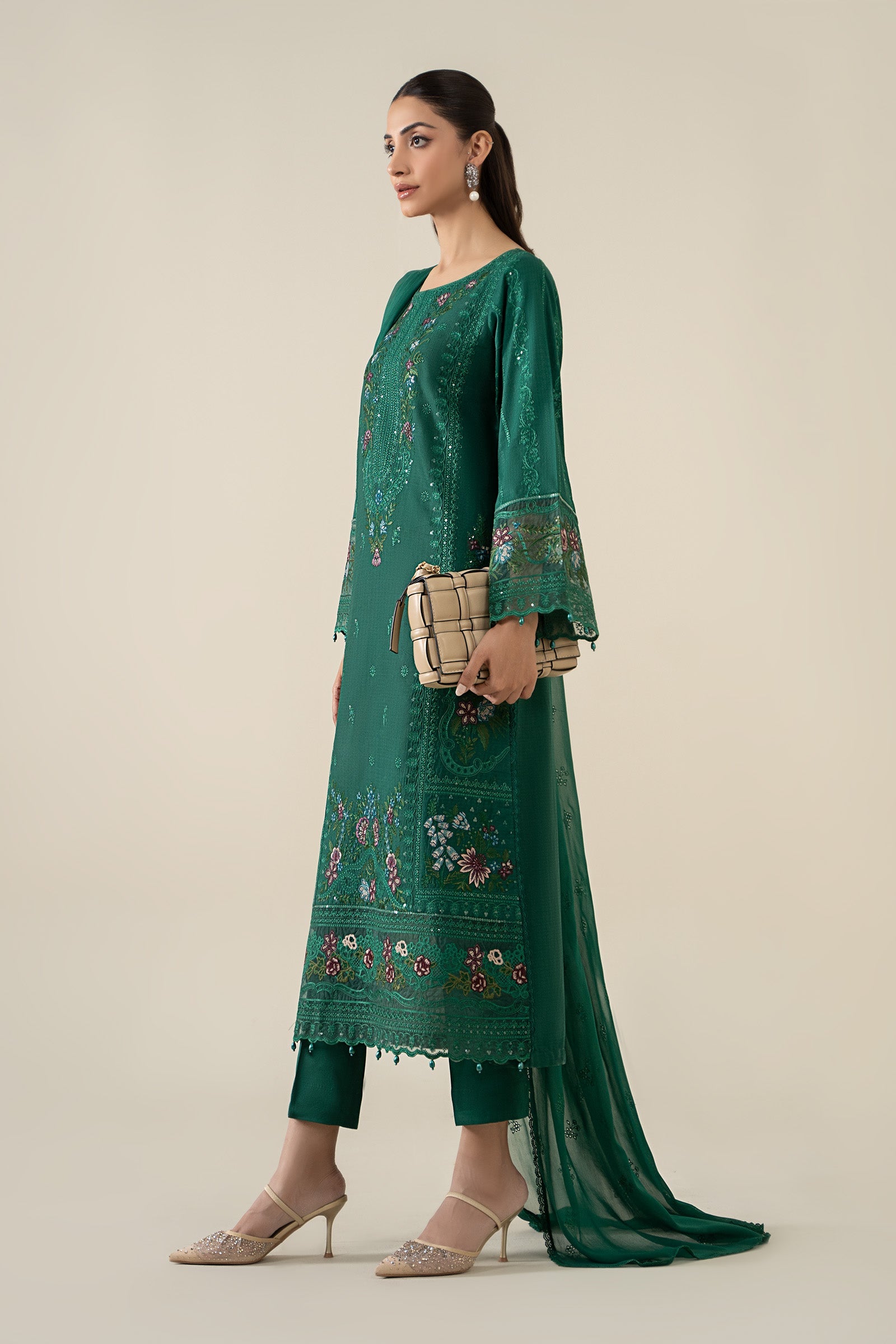 Green Embroidered Dobby 3-Piece Suit - Image 7