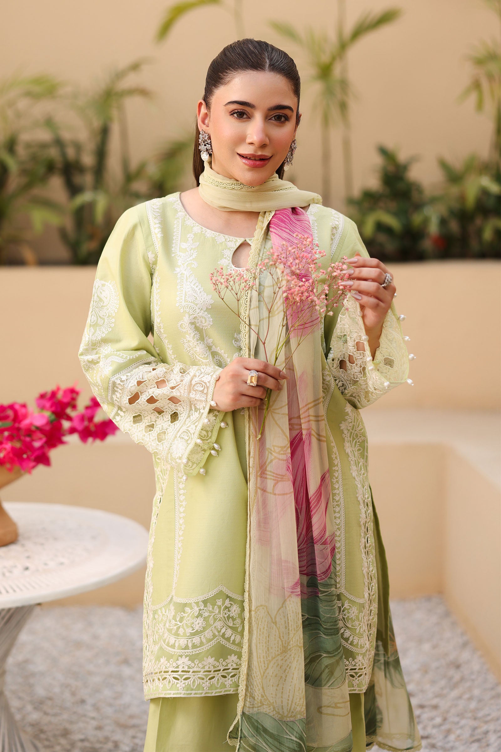 Pakistani Light Green Embroidered Dobby Salwar Kameez (3-Piece) - Image 2