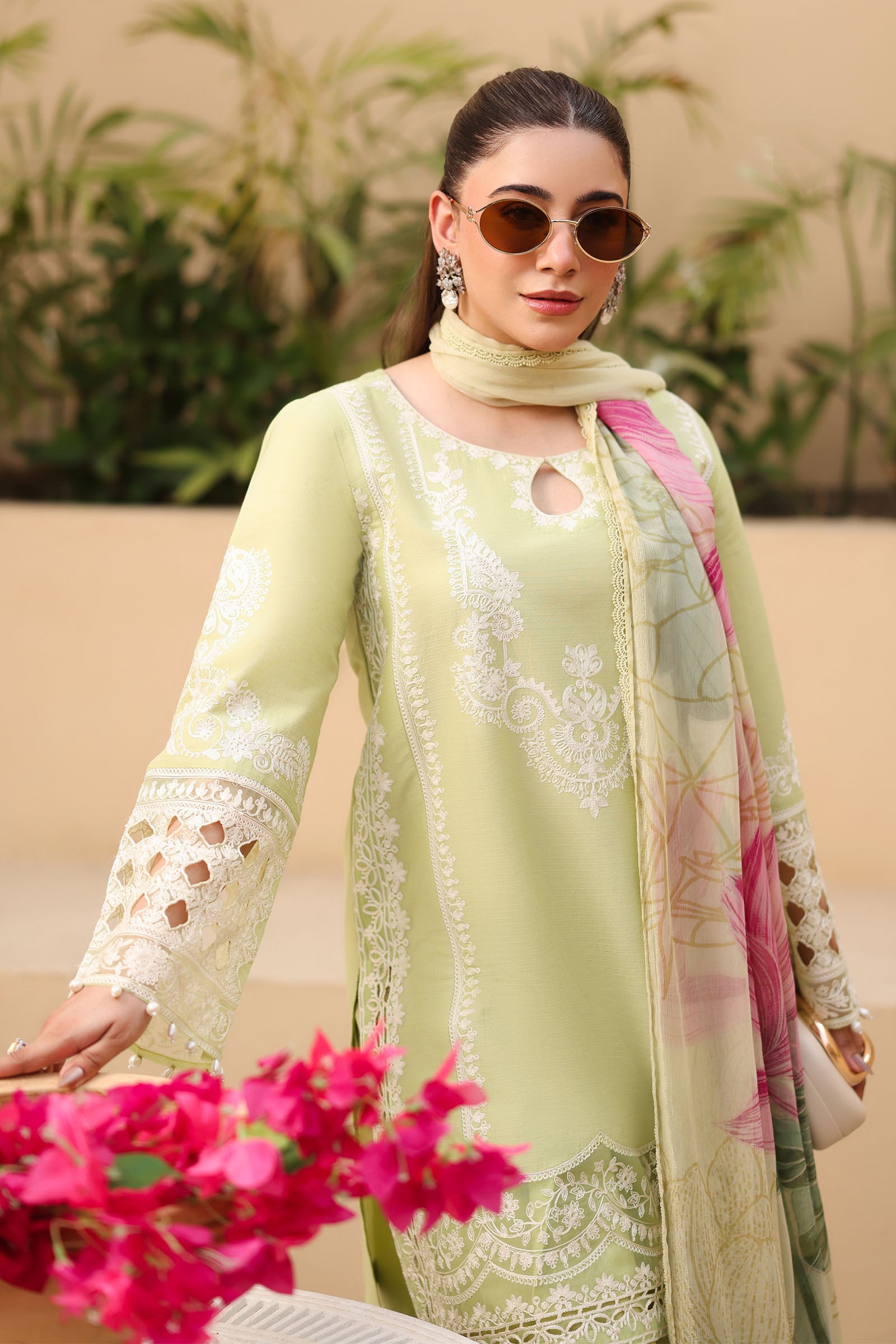 Pakistani Light Green Embroidered Dobby Salwar Kameez (3-Piece) - Image 3
