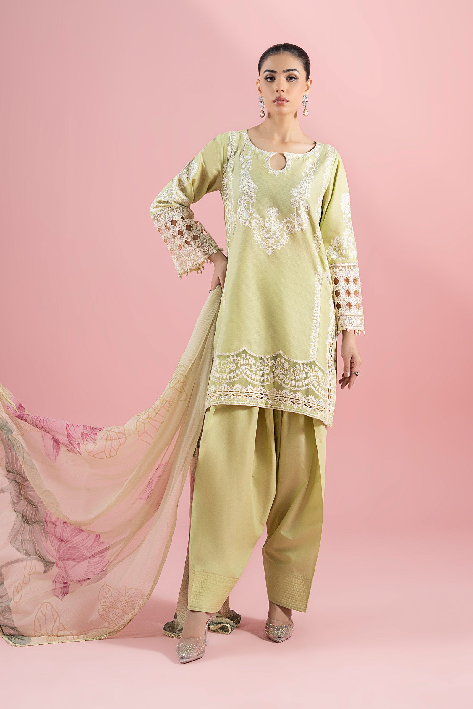 Pakistani Light Green Embroidered Dobby Salwar Kameez (3-Piece) - Image 4