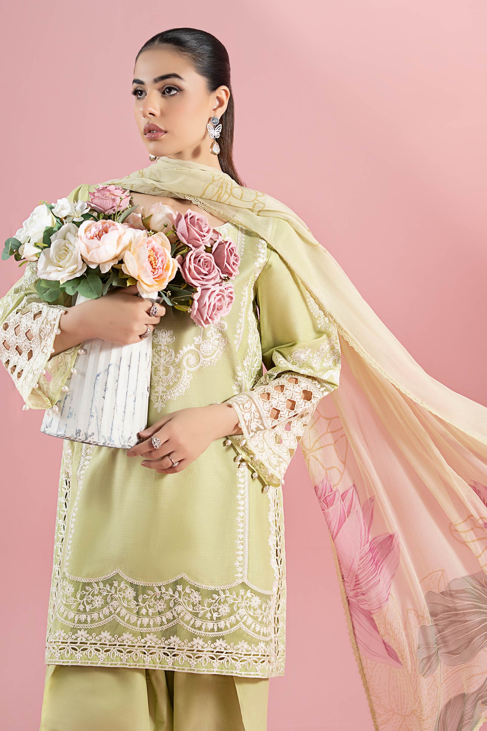 Pakistani Light Green Embroidered Dobby Salwar Kameez (3-Piece) - Image 5