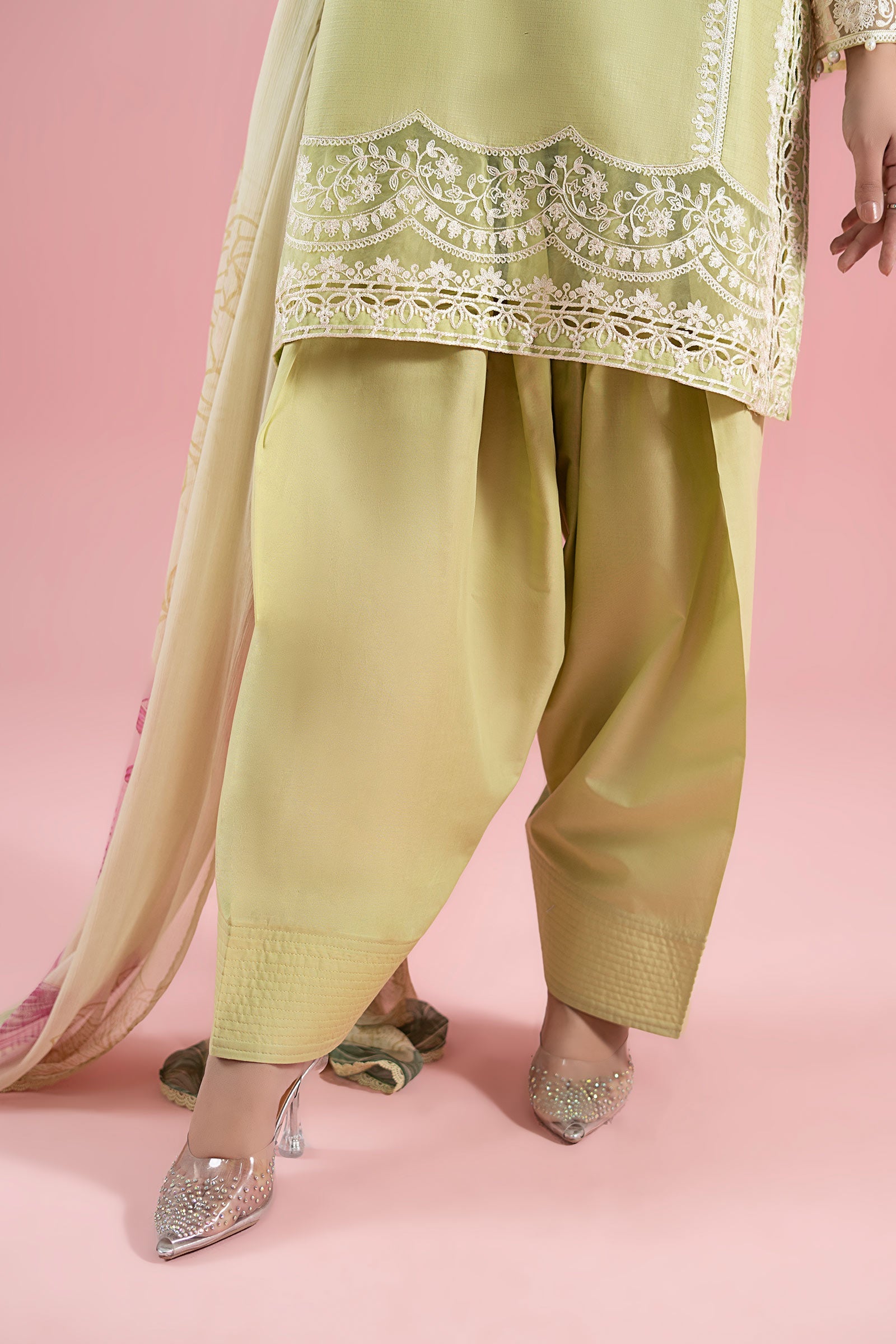 Pakistani Light Green Embroidered Dobby Salwar Kameez (3-Piece) - Image 7