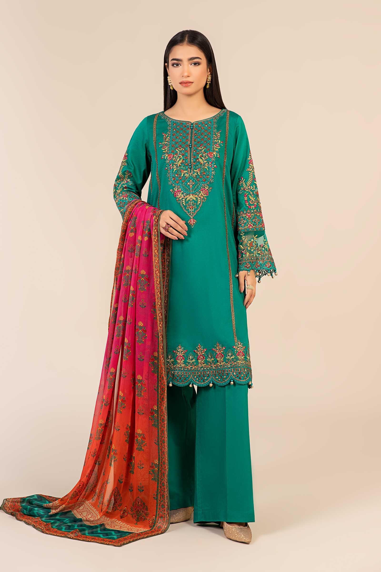Sea Green Embroidered Dobby Salwar Kameez (3-Piece) - Image 1