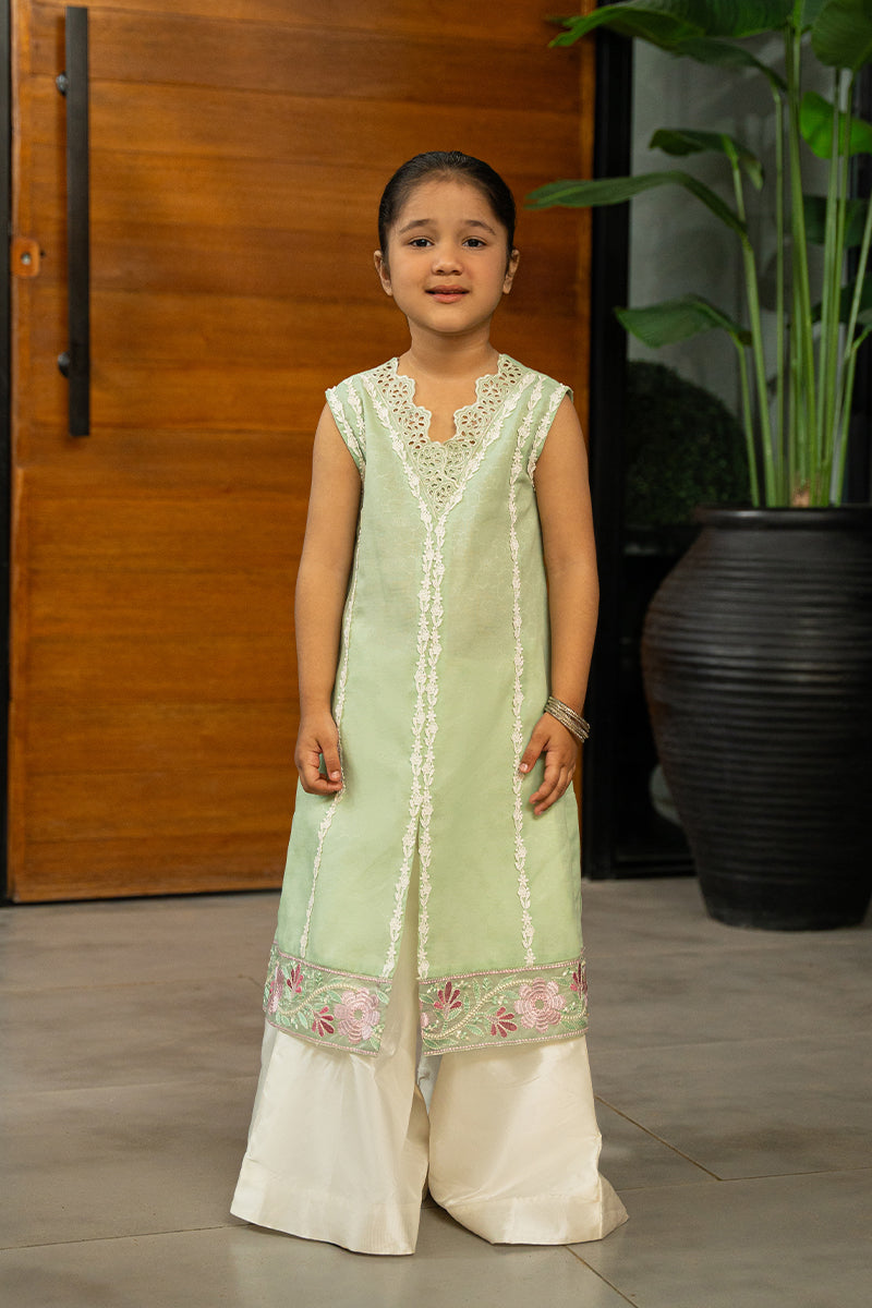 Pakistani Mint Green Embroidered Embossed Shirt & Silk Dhaka Pants (2-Piece) - Image 1