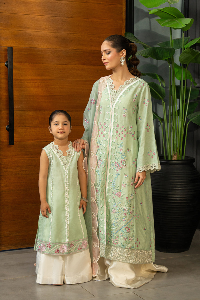 Pakistani Mint Green Embroidered Embossed Shirt & Silk Dhaka Pants (2-Piece) - Image 12
