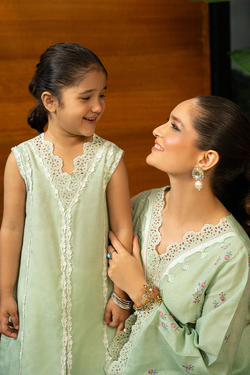 Pakistani Mint Green Embroidered Embossed Shirt & Silk Dhaka Pants (2-Piece) - Image 16