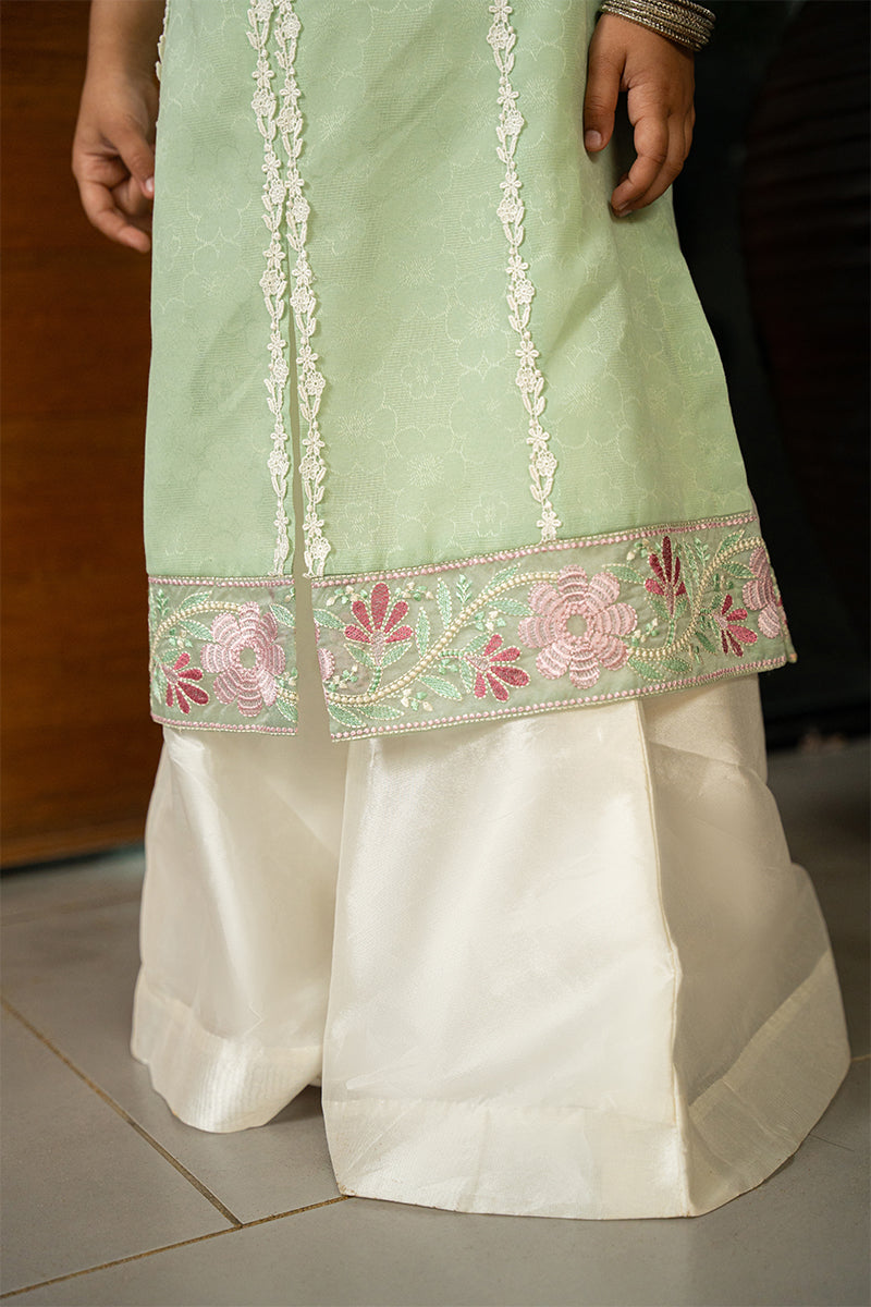 Pakistani Mint Green Embroidered Embossed Shirt & Silk Dhaka Pants (2-Piece) - Image 5