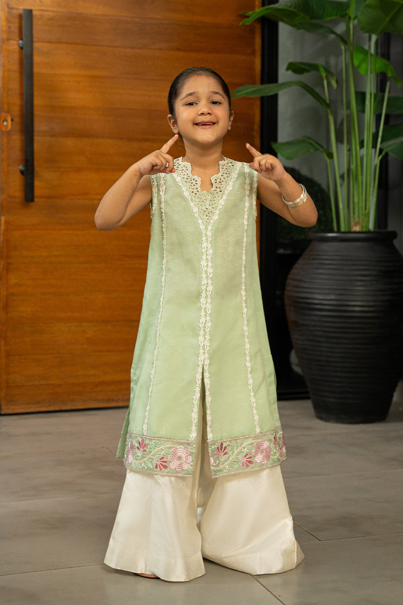 Pakistani Mint Green Embroidered Embossed Shirt & Silk Dhaka Pants (2-Piece) - Image 6