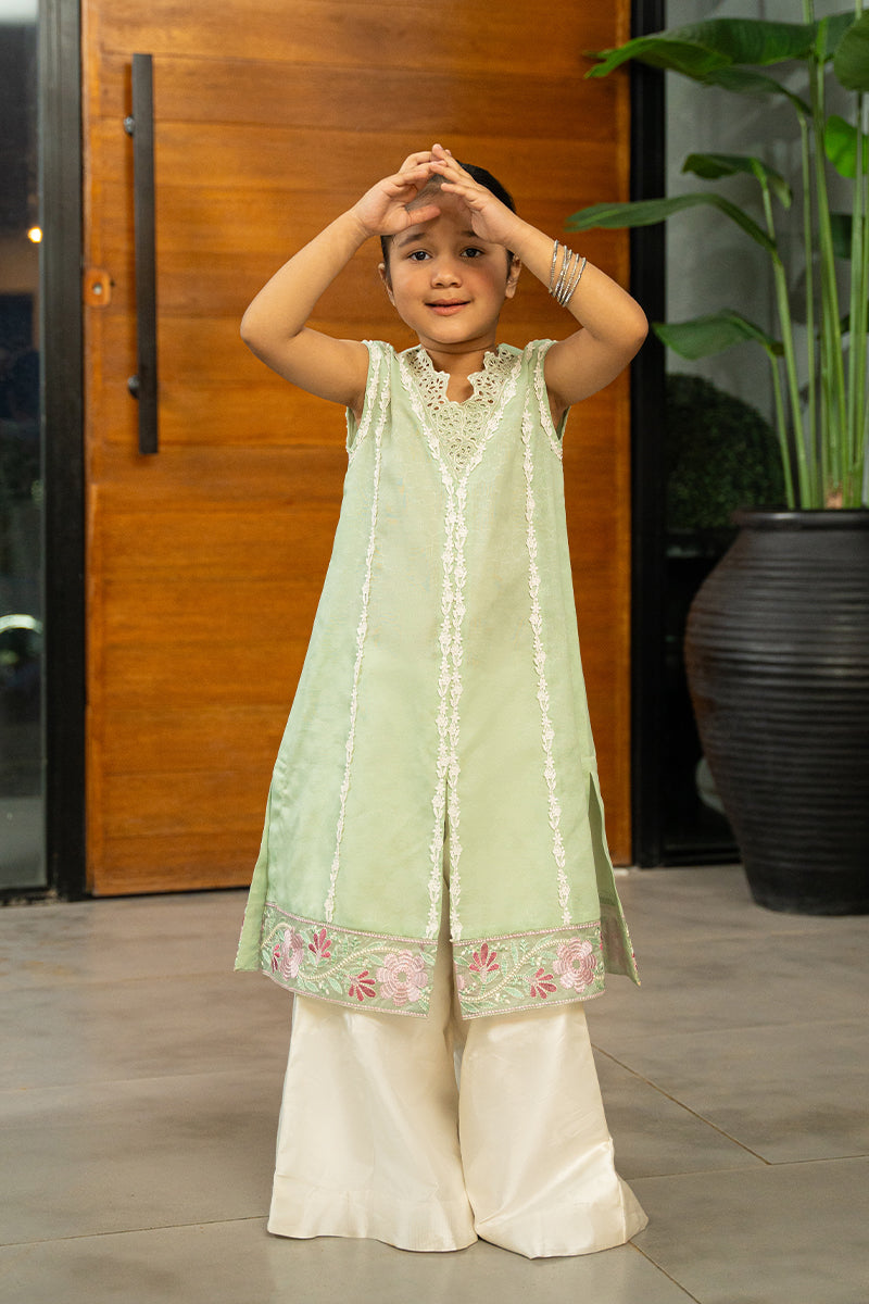 Pakistani Mint Green Embroidered Embossed Shirt & Silk Dhaka Pants (2-Piece) - Image 7