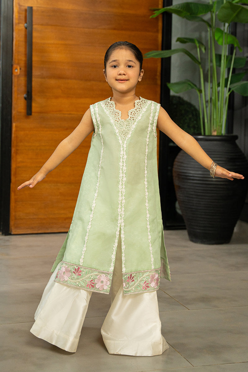 Pakistani Mint Green Embroidered Embossed Shirt & Silk Dhaka Pants (2-Piece) - Image 8